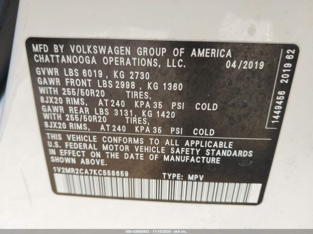 2019 VOLKSWAGEN ATLAS 1V2MR2CA7KC558659 Photo 8