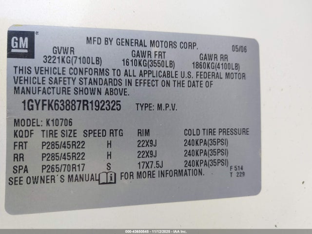 2007 CADILLAC ESCALADE 1GYFK63887R192325 Photo 8