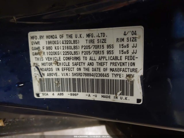 2004 HONDA CR-V SHSRD78894U236645 Photo 8