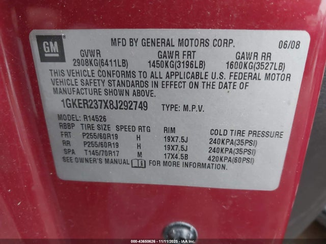Aukcja sprzedaży 2008 Gmc Acadia Slt-1, vin: 1GKER237X8J292749, numer aukcji: 43650626