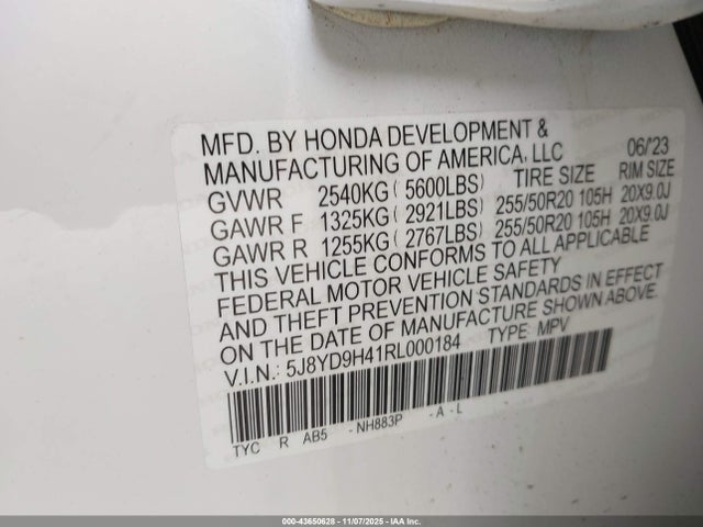 Aukcja sprzedaży 2024 Acura Mdx Technology Package, vin: 5J8YD9H41RL000184, numer aukcji: 43650628