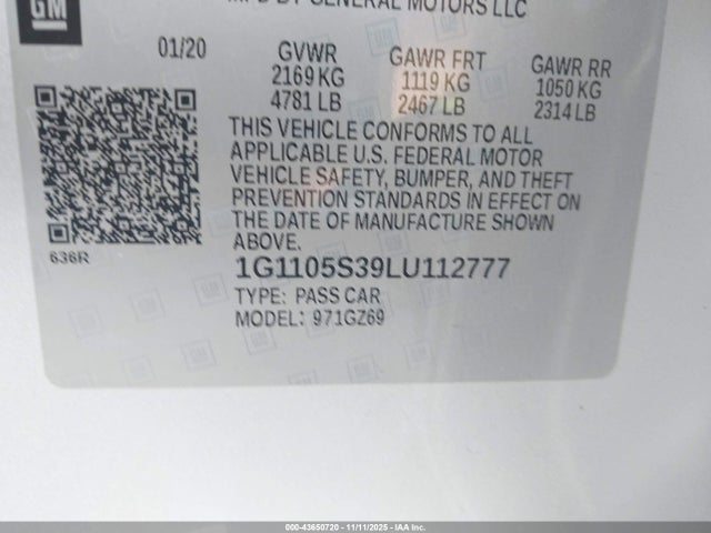 43650720 :رقم المزاد ، 1G1105S39LU112777 vin ، 2020 Chevrolet Impala Fwd Premier مزاد بيع