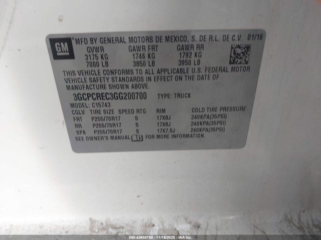 3GCPCREC3GG200700 Chevrolet Silverado 1500 1lt
