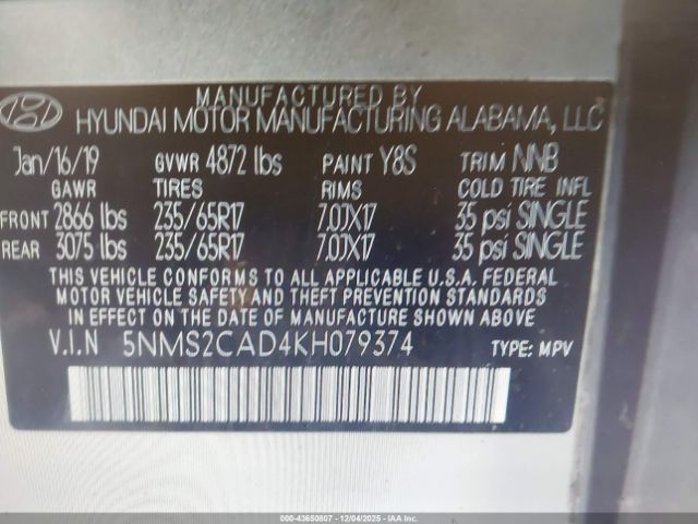 2019 HYUNDAI SANTA FE 5NMS2CAD4KH079374 Photo 8