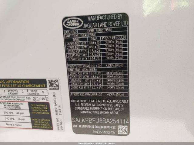 2024 LAND ROVER RANGE ROVER SALKPBFU8RA254114 Photo 8