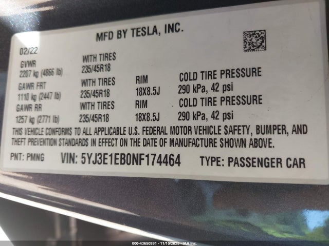 2022 TESLA MODEL 3 5YJ3E1EB0NF174464 Photo 8