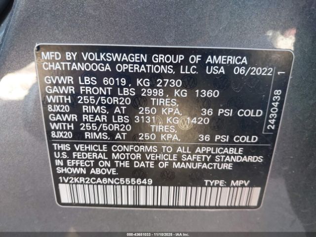 2022 VOLKSWAGEN ATLAS 1V2KR2CA6NC555649 Photo 8