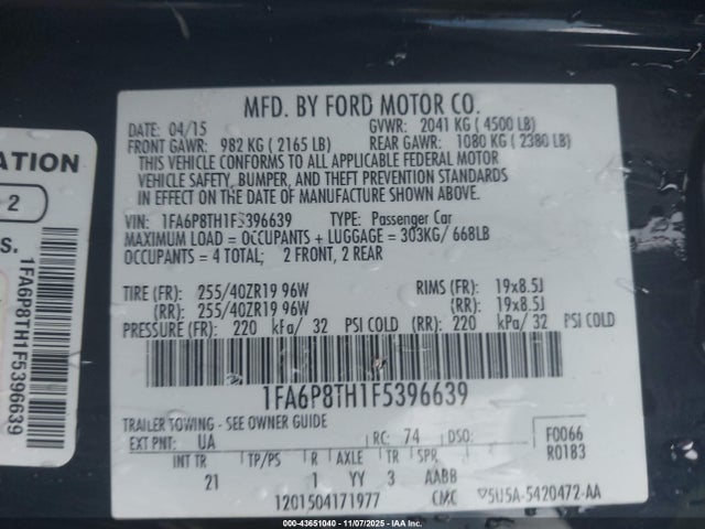 Ford Mustang Ecoboost 2015 1FA6P8TH1F5396639 Image 9