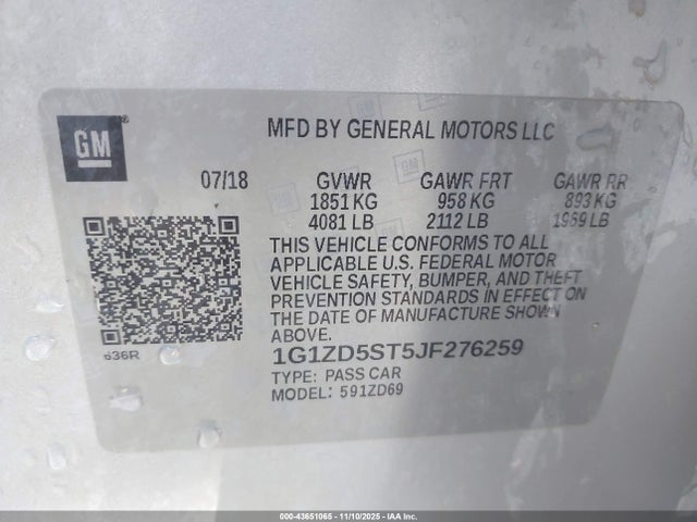 43651065 :رقم المزاد ، 1G1ZD5ST5JF276259 vin ، 2018 Chevrolet Malibu Lt مزاد بيع