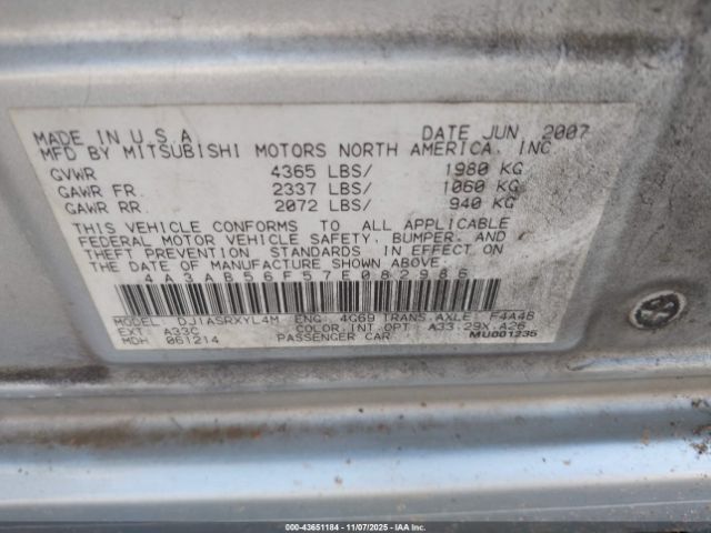 2007 MITSUBISHI GALANT 4A3AB56F57E082986 Photo 8