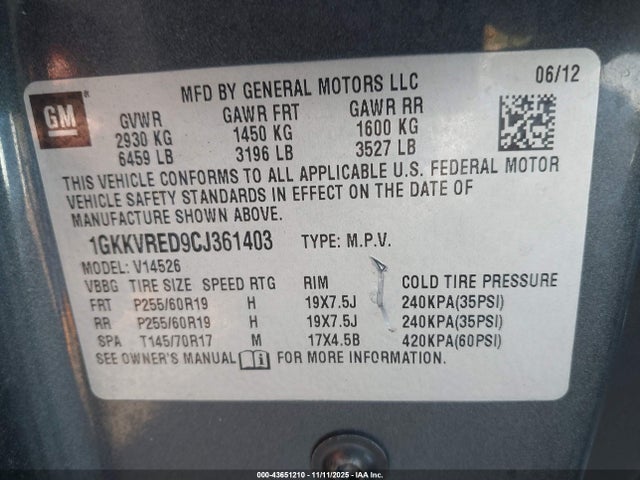 43651210 :رقم المزاد ، 1GKKVRED9CJ361403 vin ، 2012 Gmc Acadia Slt-1 مزاد بيع