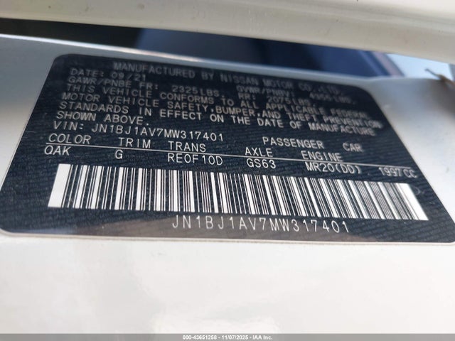 JN1BJ1AV7MW317401 Nissan Rogue Sport S Fwd Xtronic Cvt
