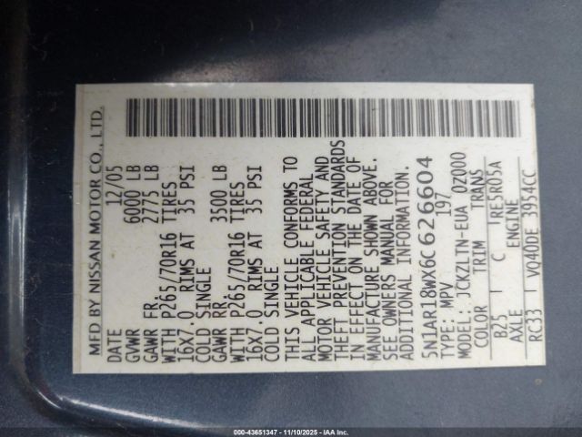 2006 NISSAN PATHFINDER 5N1AR18WX6C626604 Photo 8