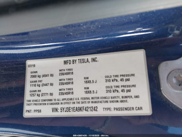 2019 TESLA MODEL 3 5YJ3E1EA9KF421242 Photo 8