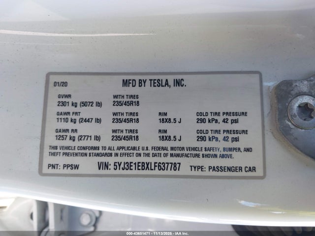 Продаж на аукціоні авто 2020 Tesla Model 3 Long Range Dual Motor All-wheel Drive, vin: 5YJ3E1EBXLF637787, номер лоту: 43651471