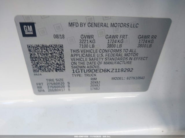 Aukcja sprzedaży 2019 Gmc Sierra 1500 Slt, vin: 1GTU9DED6KZ119292, numer aukcji: 43651538