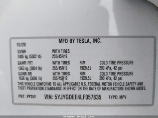 2020 TESLA MODEL Y 5YJYGDEE4LF057835 Photo 8