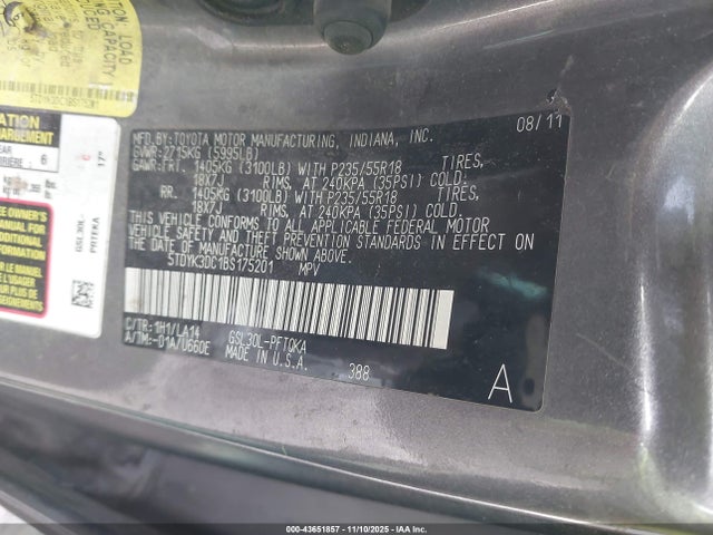 2011 Toyota Sienna Limited V6 მანქანა იყიდება აუქციონზე, vin: 5TDYK3DC1BS175201, აუქციონის ნომერი: 43651857