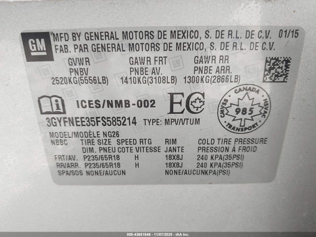 2015 CADILLAC SRX 3GYFNEE35FS585214 Photo 8