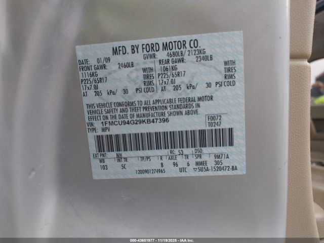 2009 FORD ESCAPE 1FMCU94G29KB47396 Photo 8