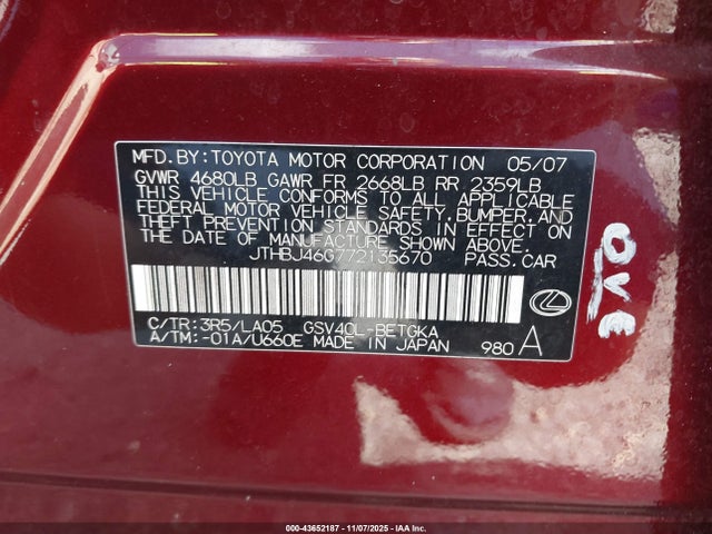 Продаж на аукціоні авто 2007 Lexus Es 350, vin: JTHBJ46G772135670, номер лоту: 43652187