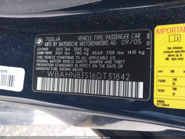 2006 BMW 750LI WBAHN83516DT31842 Photo 8