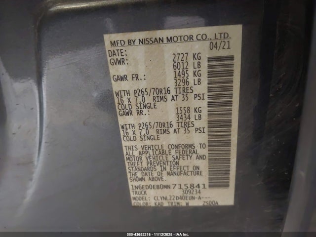 Nissan Frontier Sv 4x4 2021 1N6ED0EB0MN715841 Image 9