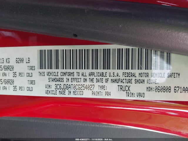 Продажа на аукционе авто 2012 Ram 1500 St, vin: 3C6JD6AT0CG254027, номер лота: 43652271