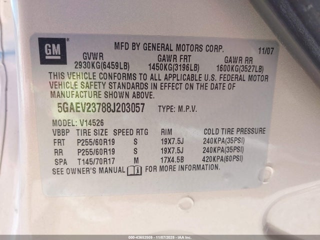 2008 Buick Enclave Cxl მანქანა იყიდება აუქციონზე, vin: 5GAEV23788J203057, აუქციონის ნომერი: 43652509