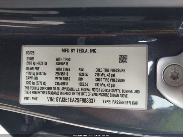 2025 TESLA MODEL 3 5YJ3E1EA2SF983337 Photo 8