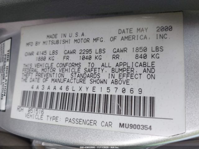 2000 MITSUBISHI GALANT 4A3AA46LXYE157069 Photo 8