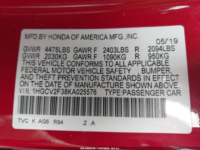 2019 HONDA ACCORD 1HGCV2F38KA025576 Photo 8