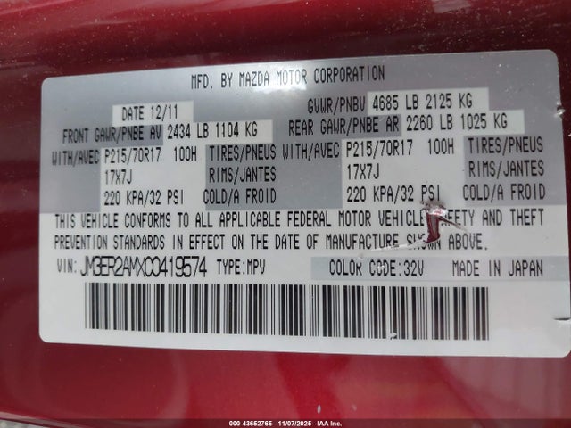 Продажа на аукционе авто 2012 Mazda Cx-7 I Sv, vin: JM3ER2AMXC0419574, номер лота: 43652765