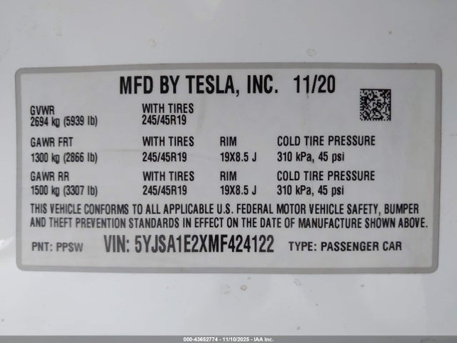 2021 TESLA MODEL S 5YJSA1E2XMF424122 Photo 8