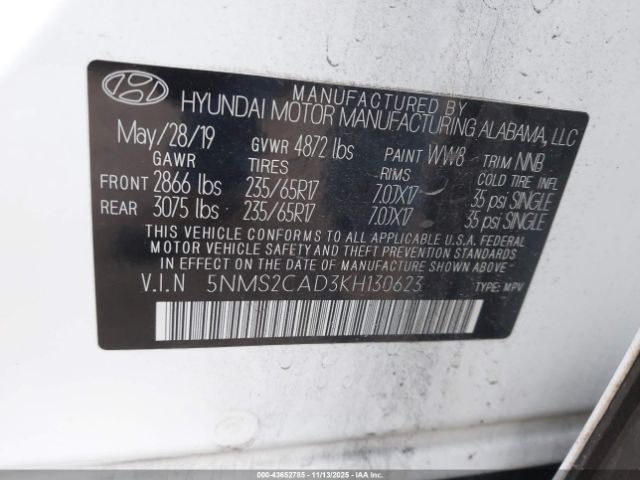 2019 HYUNDAI SANTA FE 5NMS2CAD3KH130623 Photo 8