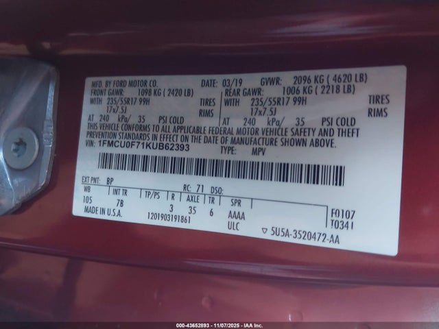 Ford ESCAPE S 2019 1FMCU0F71KUB62393 Image 9