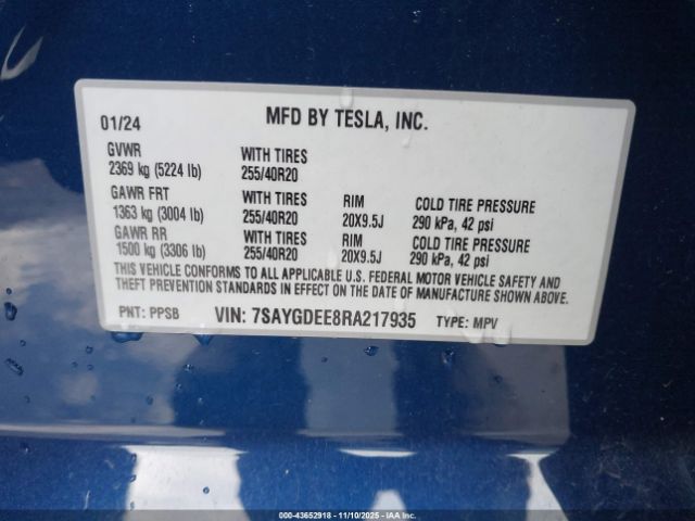 2024 TESLA MODEL Y 7SAYGDEE8RA217935 Photo 8