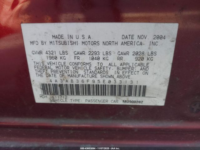2005 MITSUBISHI GALANT 4A3AB36F95E033131 Photo 8