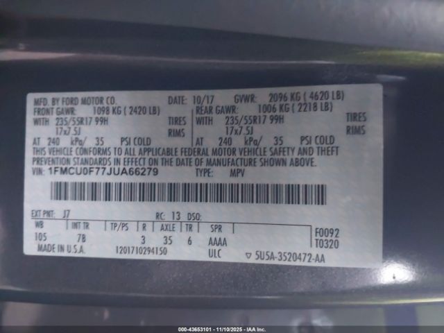 2018 FORD ESCAPE 1FMCU0F77JUA66279 Photo 8