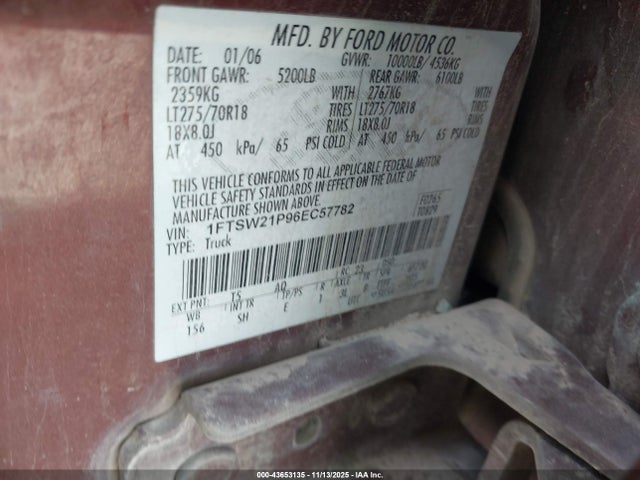 Продаж на аукціоні авто 2006 Ford F-250 Lariat/xl/xlt, vin: 1FTSW21P96EC57782, номер лоту: 43653135