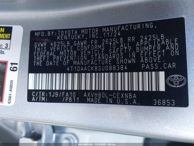 2025 Toyota Camry Le მანქანა იყიდება აუქციონზე, vin: 4T1DAACK8SU088384, აუქციონის ნომერი: 43653154