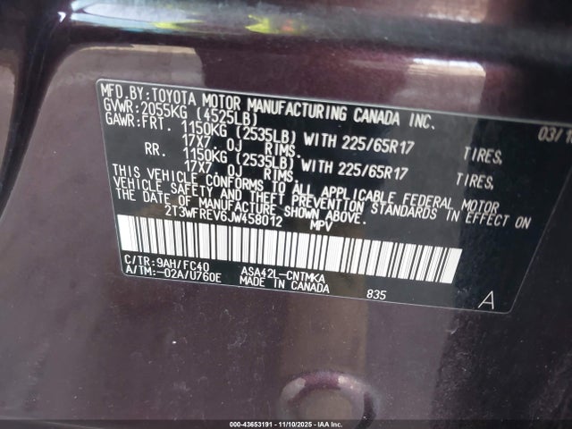 2T3WFREV6JW458012 Toyota Rav4 Xle