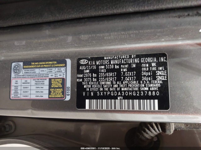 5XYPGDA30HG237880 KIA Sorento 2.4l Lx
