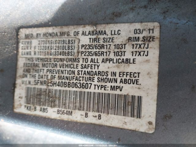 2011 HONDA ODYSSEY 5FNRL5H40BB063607 Photo 8