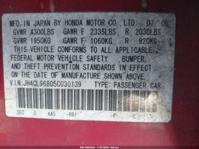 2005 ACURA TSX JH4CL96805C030139 Photo 8