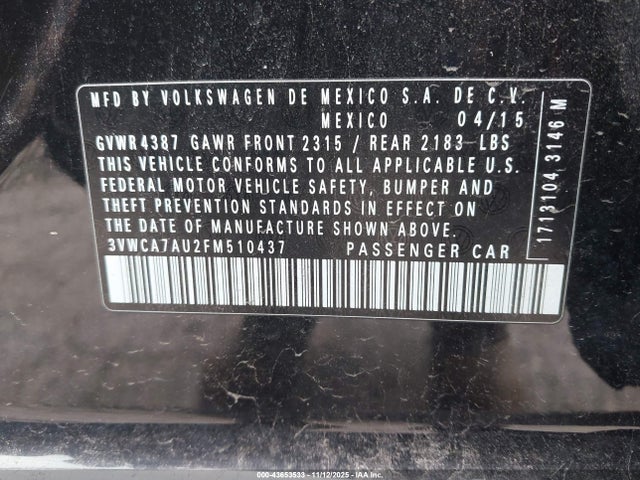 43653533 :رقم المزاد ، 3VWCA7AU2FM510437 vin ، 2015 Volkswagen Golf Sportwagen Tdi Se 4-door مزاد بيع