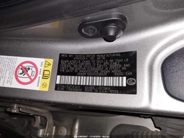 43653547 :رقم المزاد ، 58ABK1GGXHU036220 vin ، 2017 Lexus Es 350 مزاد بيع