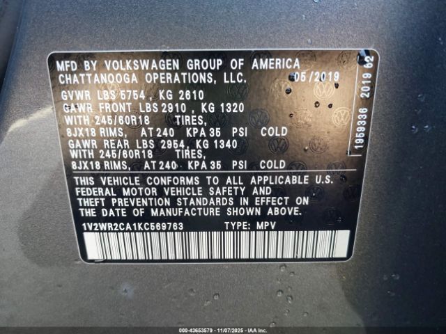 2019 VOLKSWAGEN ATLAS 1V2WR2CA1KC569763 Photo 8