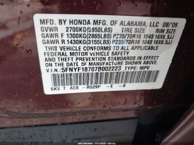 2007 HONDA PILOT 5FNYF18707B002223 Photo 8