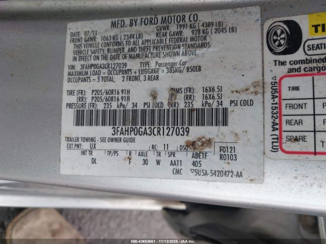 2012 FORD FUSION 3FAHP0GA3CR127039 Photo 8
